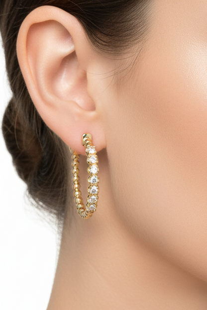 Sterling Silver Gold Plated Ball With Buttercup Set CZ Oval Hoop