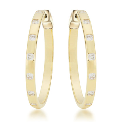 Sterling Silver 1.25" Oval Inlaid Princess Cut CZ Hoop Earrings