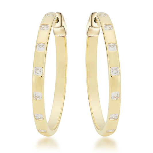 Sterling Silver 1.25" Oval Inlaid Princess Cut CZ Hoop Earrings