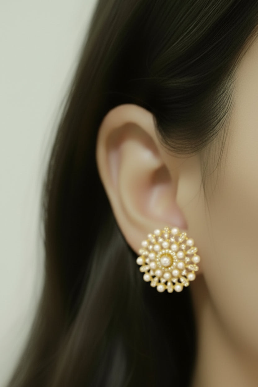 Pearl & CZ Stud Earrings - 18mm Gold Plated Sterling Silver