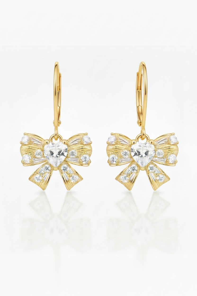 Bowknot Earrings with Heart CZ - Kids & Teens Surgical Steel