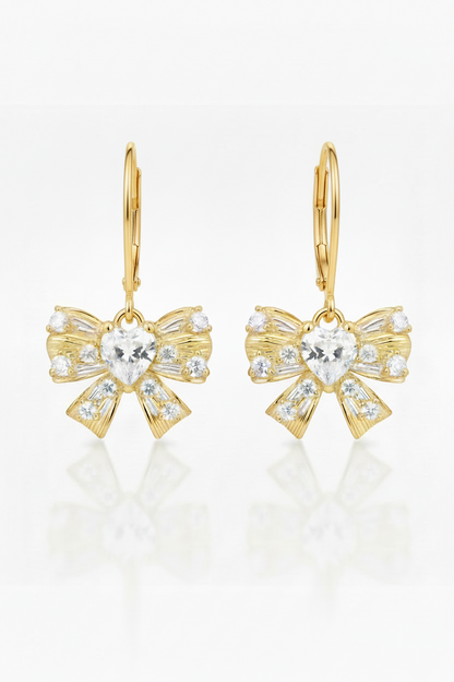 Bowknot Earrings with Heart CZ - Kids & Teens Surgical Steel