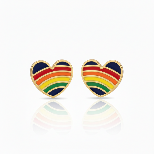 Gold-Plated Surgical Steel Multicolor Enamel Heart Stud Earrings - Hypoallergenic Kids Jewelry