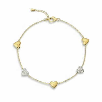 Gold Plated Sterling Silver Alternating Shiny Heart  and CZ Heart Bracelet