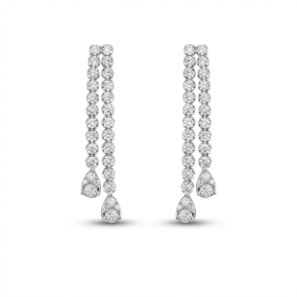 14K Double Strand Lab Grown Diamond Tennis Buttercup Setting Teardrop Earrings 2.22ct