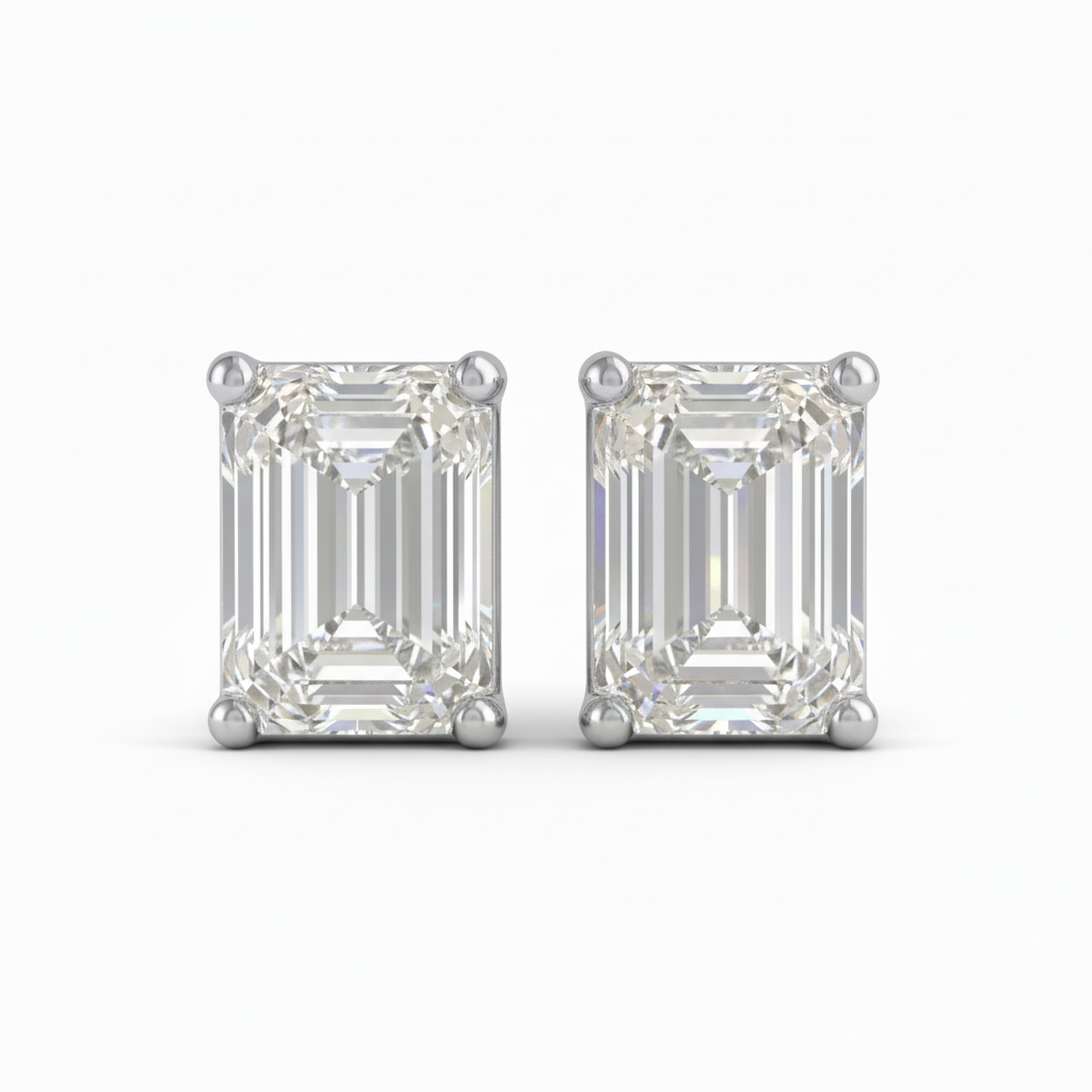 3.16ct Emerald Cut Lab Grown Diamond Solitaire Stud Earrings in 14K Gold