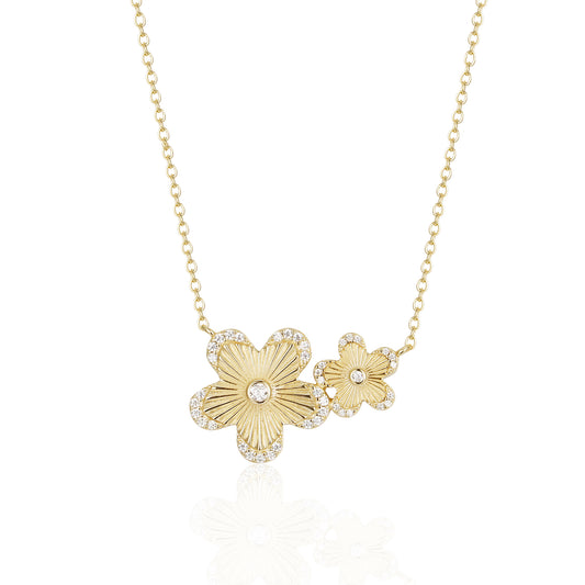 Sterling Silver Gold Plated Double Flower With CZ Border Necklace