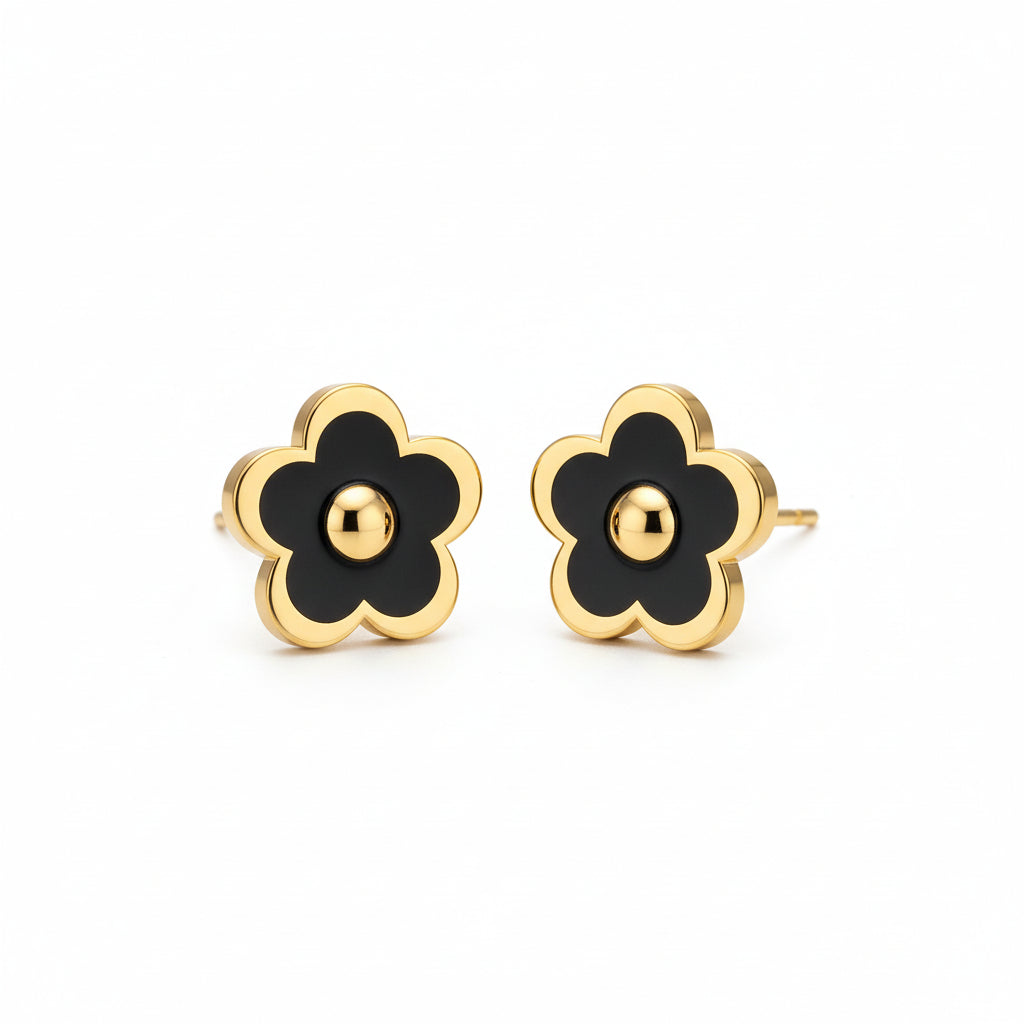 Gold-Plated Enamel Flower Stud Earrings with Center Circle - Hypoallergenic Surgical Steel Kids