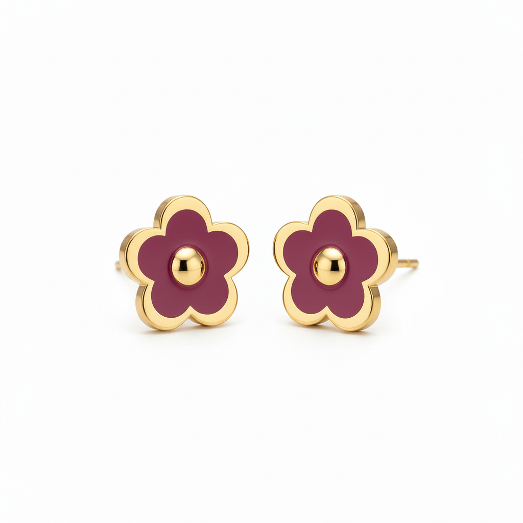 Gold-Plated Enamel Flower Stud Earrings with Center Circle - Hypoallergenic Surgical Steel Kids