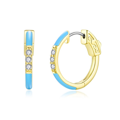 Surgical Steel Gold Plated Round CZ and Enamel Hoop Earrings