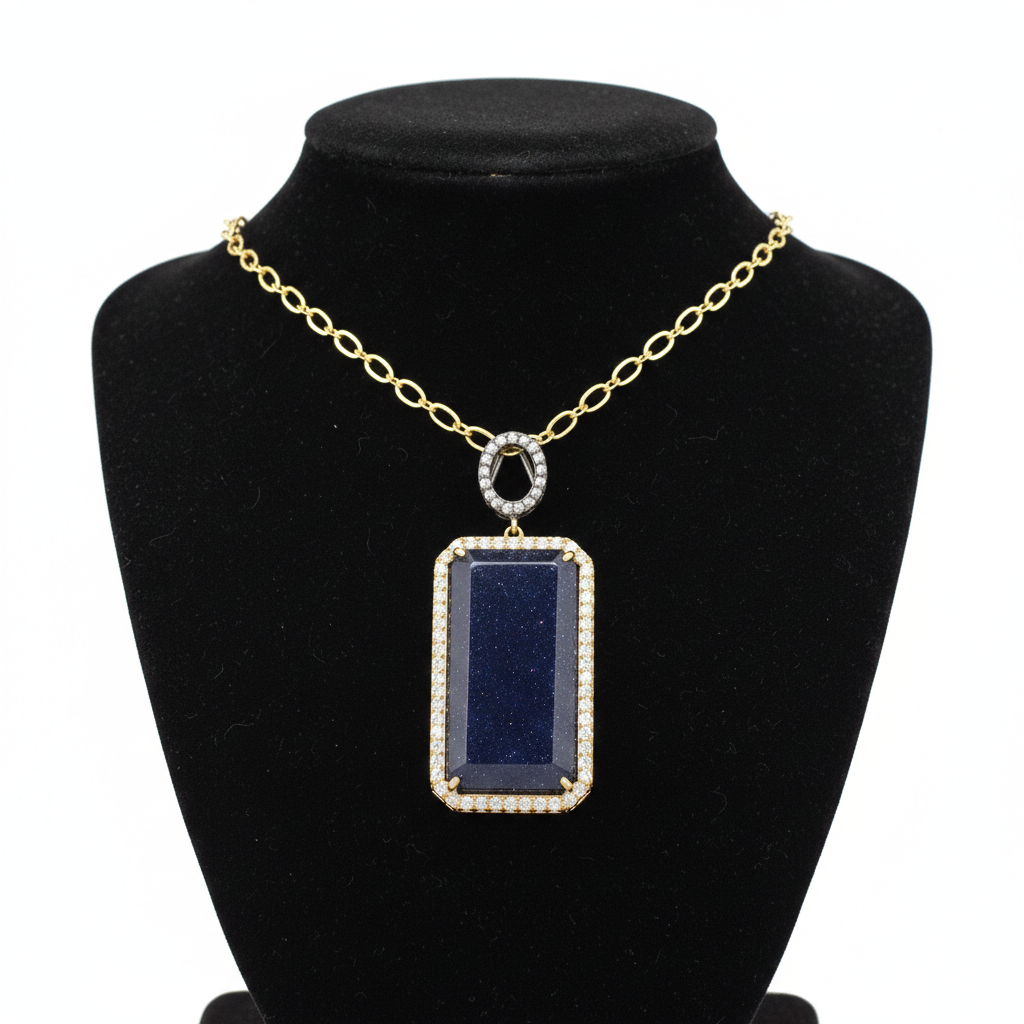 Gold Plated Blue Sandstone Rectangle Pendant Necklace