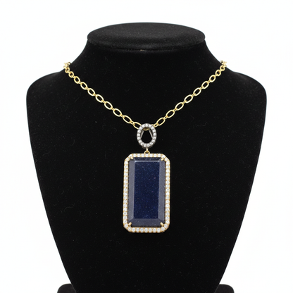 Gold Plated Blue Sandstone Rectangle Pendant Necklace