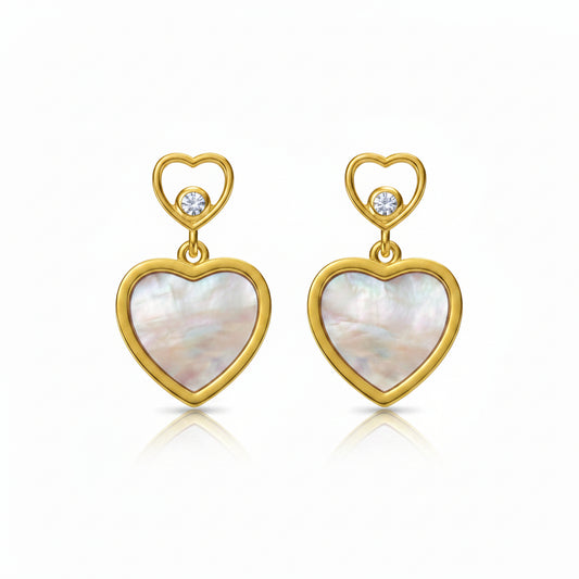Surgical Steel Gold Plated Double Heart With Mother Of Pearl Earring