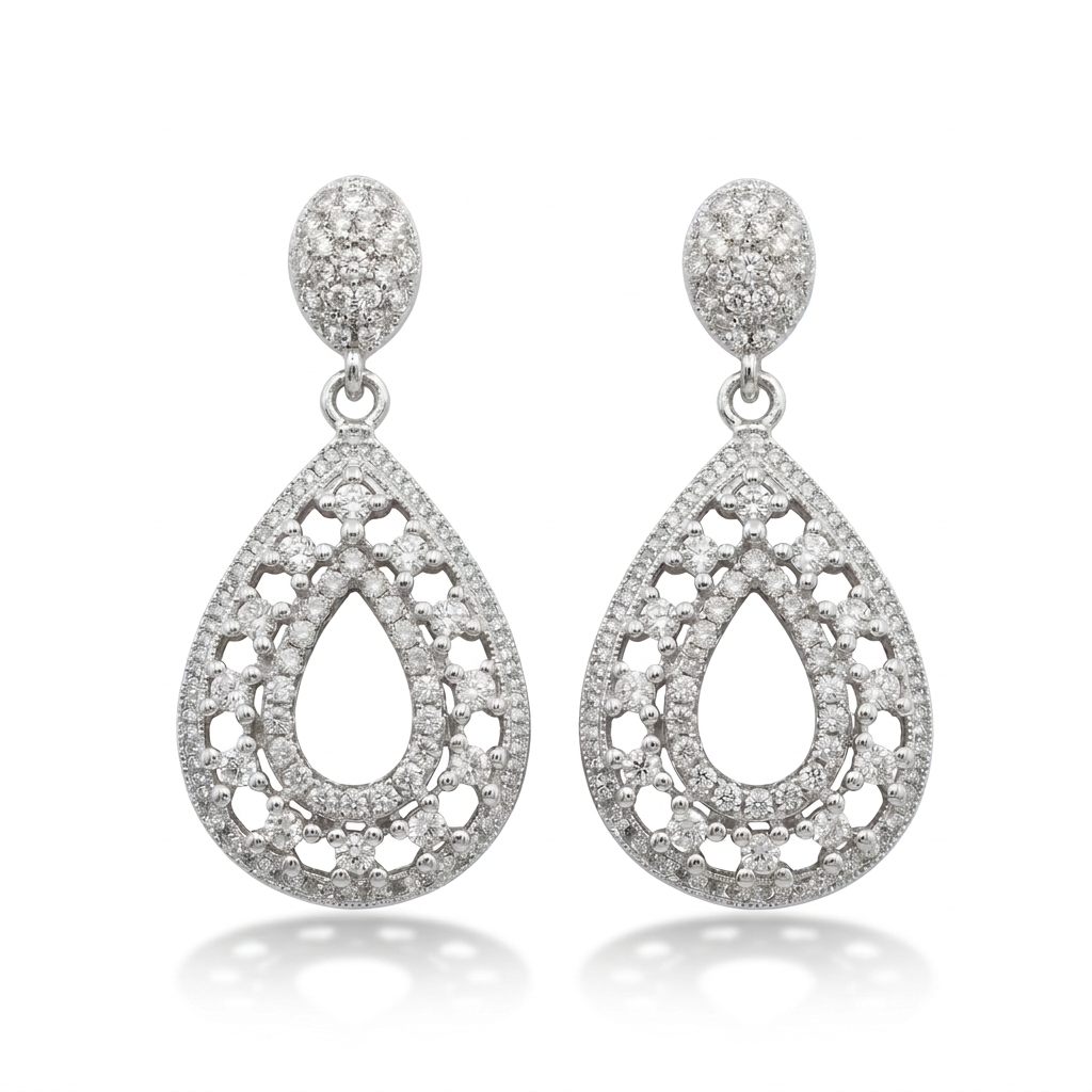 Rhodium Plated Sterling Silver Micropave CZ Teardrop Dangle Earrings