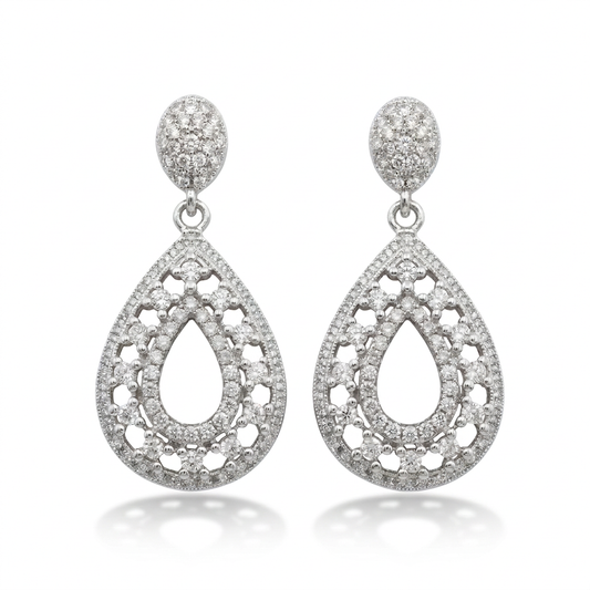 Rhodium Plated Sterling Silver Micropave CZ Teardrop Dangle Earrings
