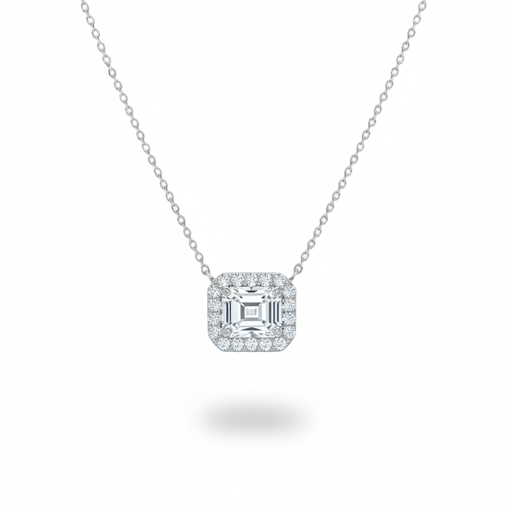 14K Radiant or Emerald Cut Halo CVD Lab Grown Diamond Necklace