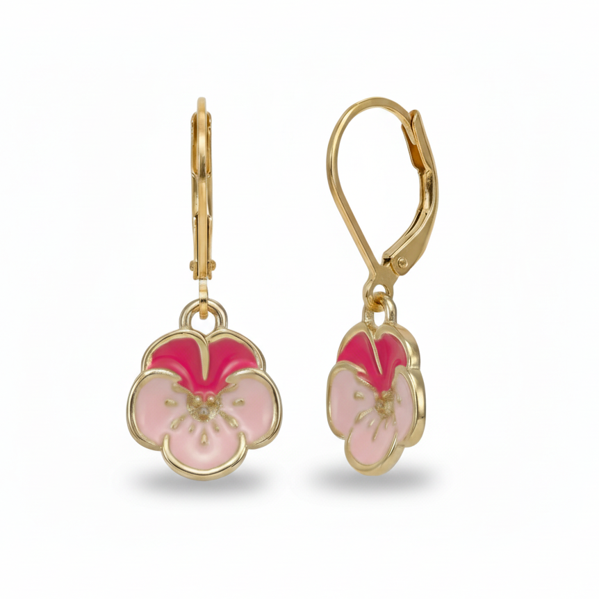 Colorful Enamel Pansy Flower Surgical Steel Leverback Earrings - Hypoallergenic Kids Jewelry
