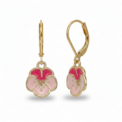 Colorful Enamel Pansy Flower Surgical Steel Leverback Earrings - Hypoallergenic Kids Jewelry