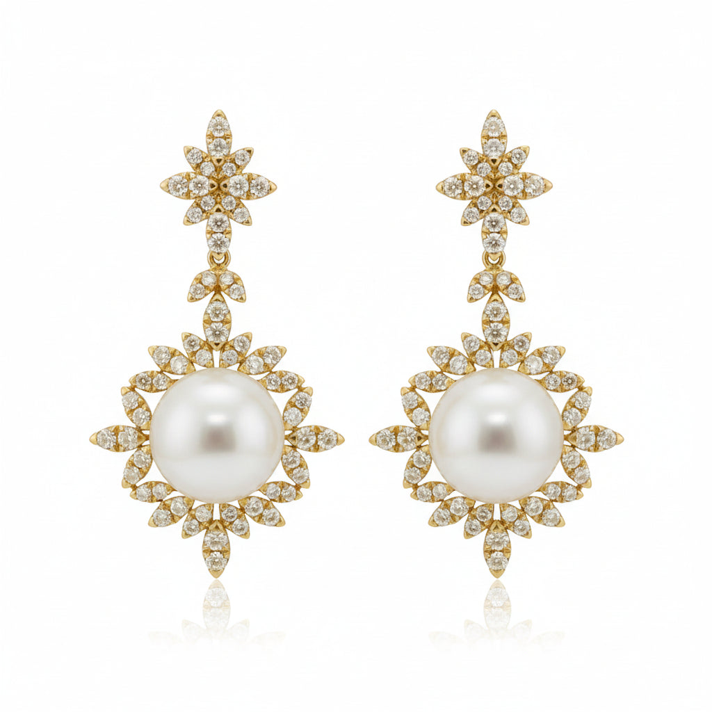 Gold-Plated Sterling Silver Fancy Pearl Drop Earrings with CZ Accents
