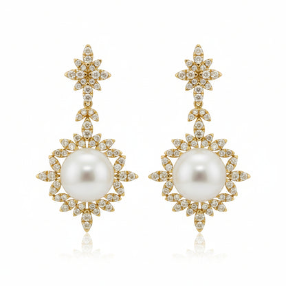Gold-Plated Sterling Silver Fancy Pearl Drop Earrings with CZ Accents
