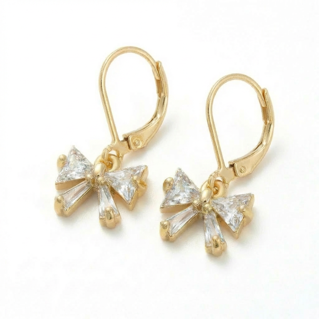 Bowknot Earrings with Triangle and Baguette CZ - Kids & Teens Surgical Steel