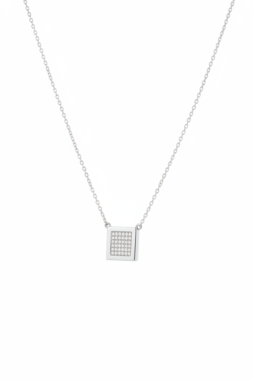 Gold Plated Sterling Silver Pave Cubic Zirconia Square Pendant Necklace