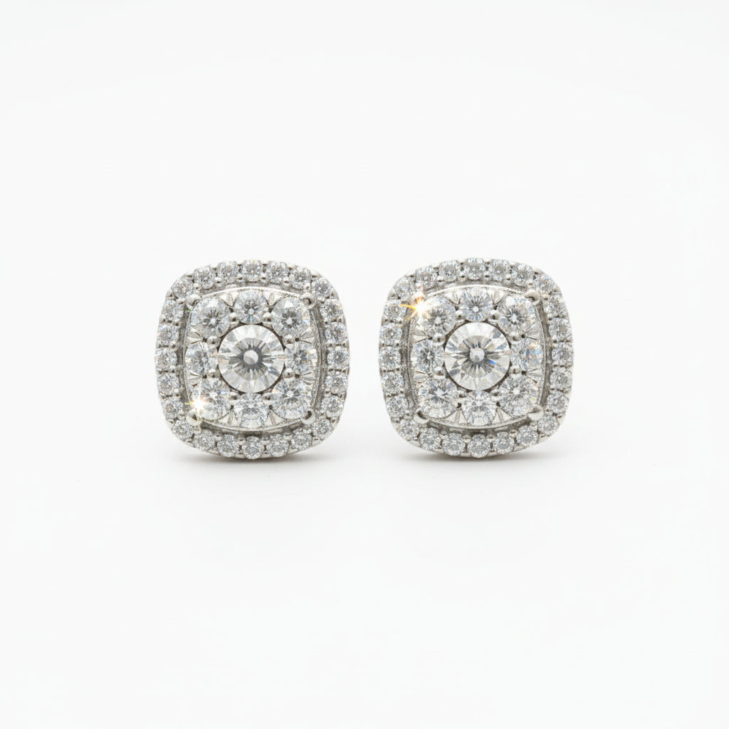 10K Gold Micropave Cushion Shaped Diamond Stud Earrings