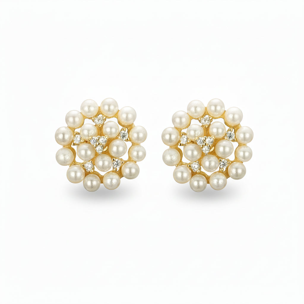 Surgical Steel Gold Plated Pearl With CZ Cluster Stud Earrings
