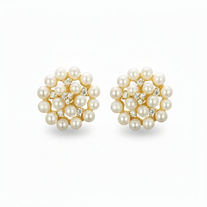 Surgical Steel Gold Plated Pearl With CZ Cluster Stud Earrings