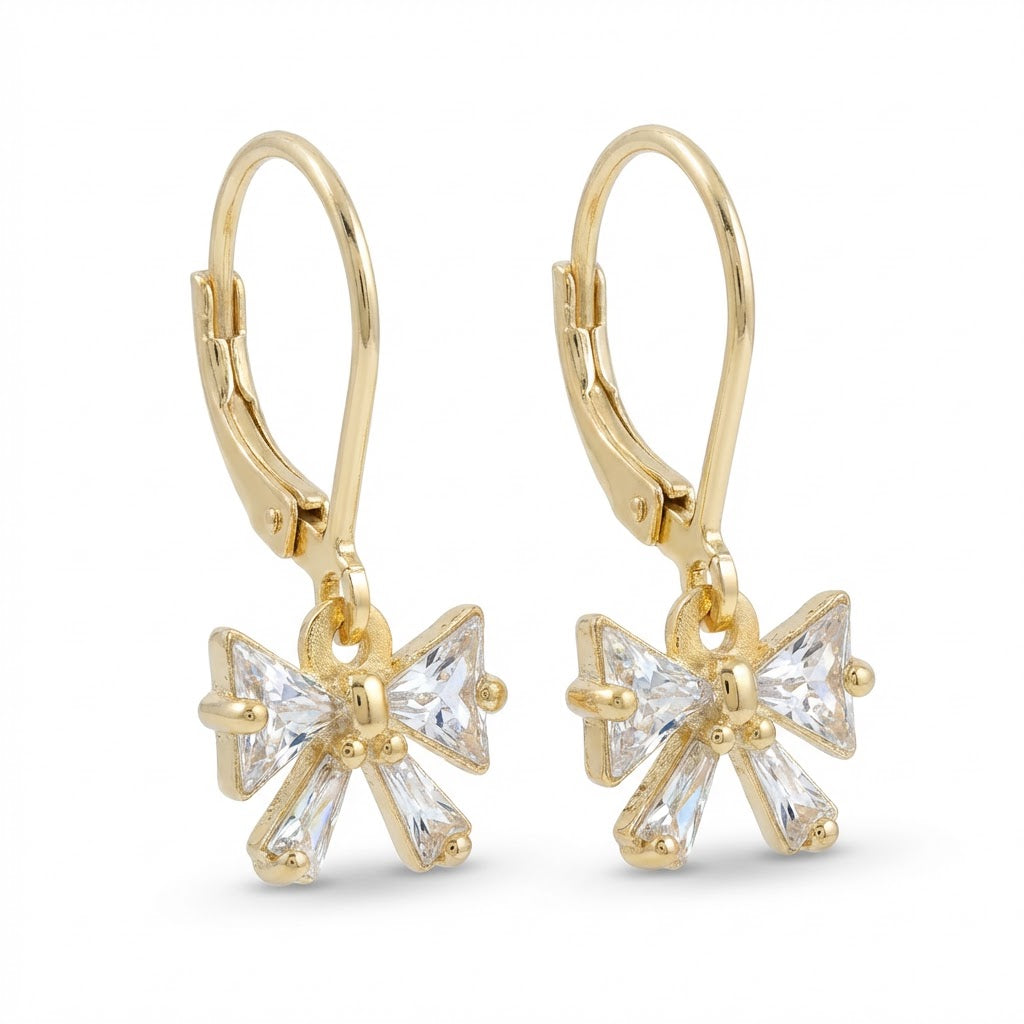 Bowknot Earrings with Triangle and Baguette CZ - Kids & Teens Surgical Steel