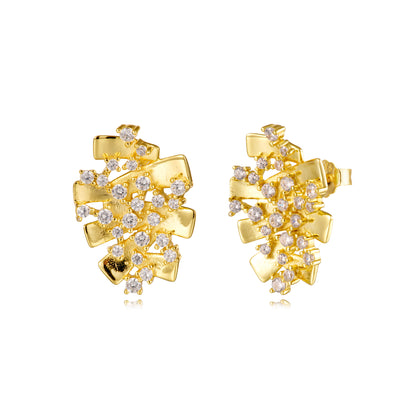 Sterling Silver Gold Plated Wave Sprinkled CZ Stud Earrings