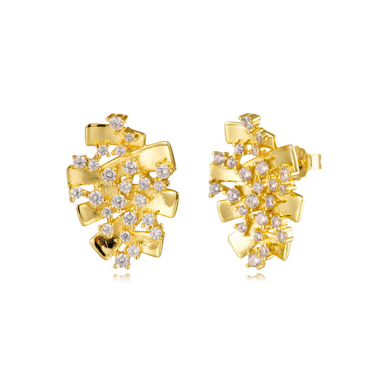 Sterling Silver Gold Plated Wave Sprinkled CZ Stud Earrings