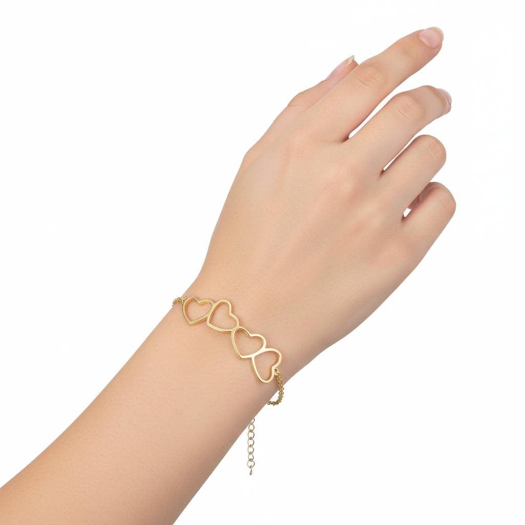 Gold Plated Sterling Silver Four Heart Double Chain Bracelet