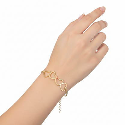 Gold Plated Sterling Silver Four Heart Double Chain Bracelet