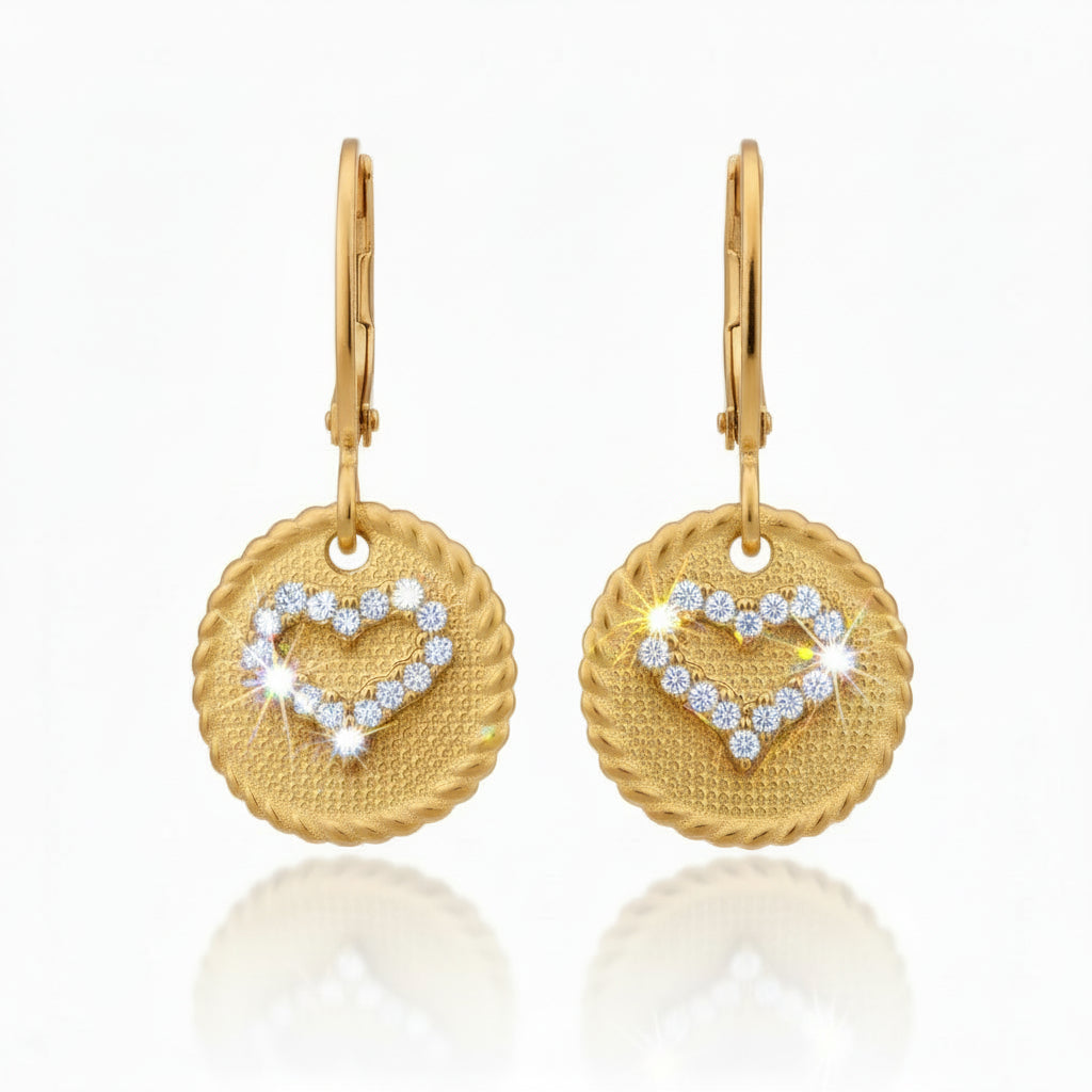 Surgical Steel Gold Plated Disc With CZ Heart Leverback Earring