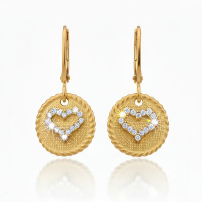 Surgical Steel Gold Plated Disc With CZ Heart Leverback Earring