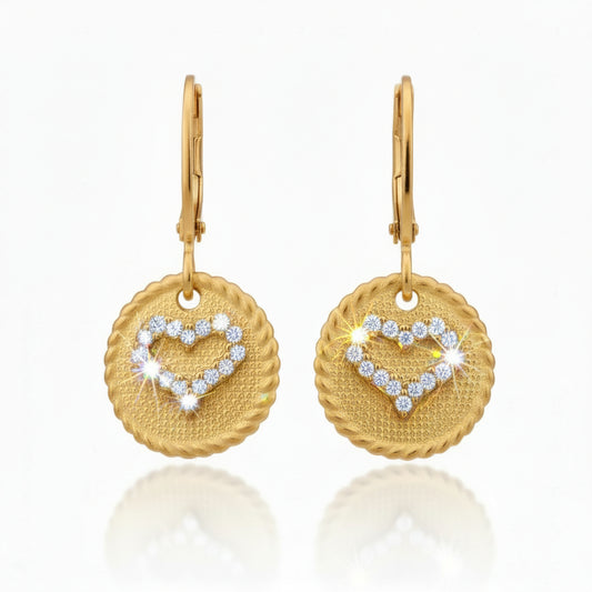 Surgical Steel Gold Plated Disc With CZ Heart Leverback Earring