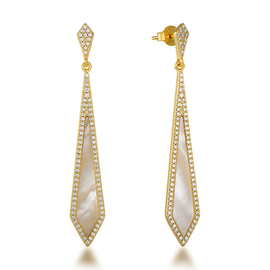 Sterling Silver Dangling Kite Shaped Mother of Pearl with Micropave Border Earrings