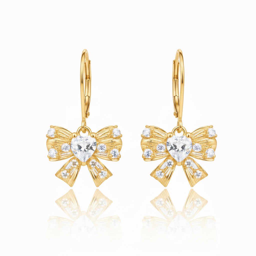 Bowknot Earrings with Heart CZ - Kids & Teens Surgical Steel