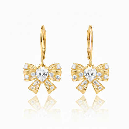 Bowknot Earrings with Heart CZ - Kids & Teens Surgical Steel