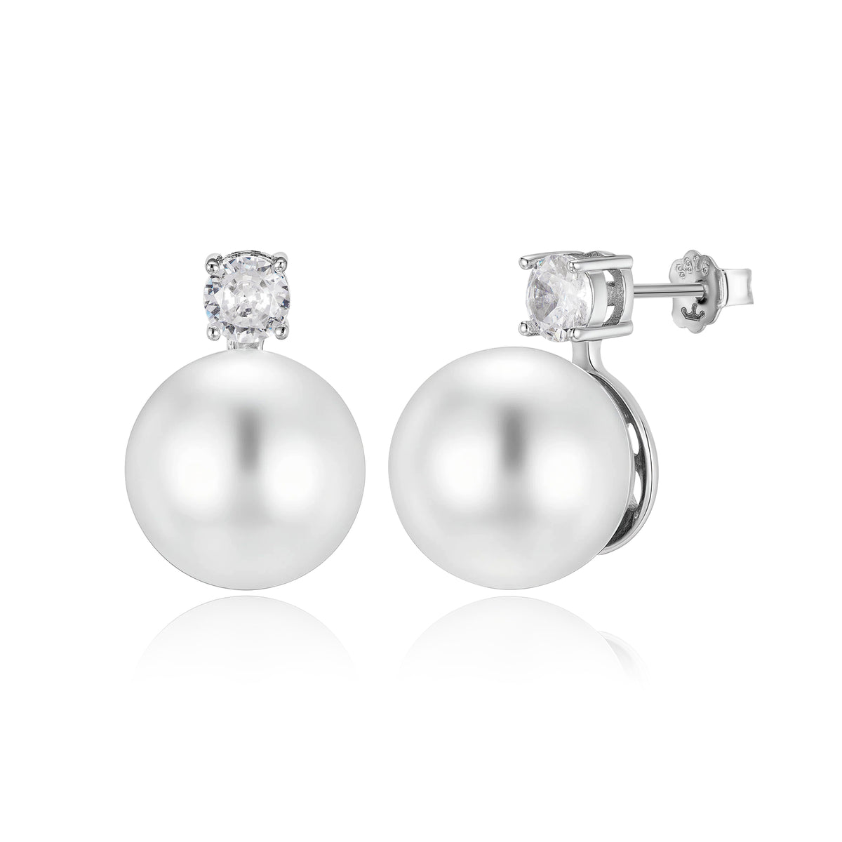 Sterling Silver 14mm Imitation Pearl With CZ Stud Earrings