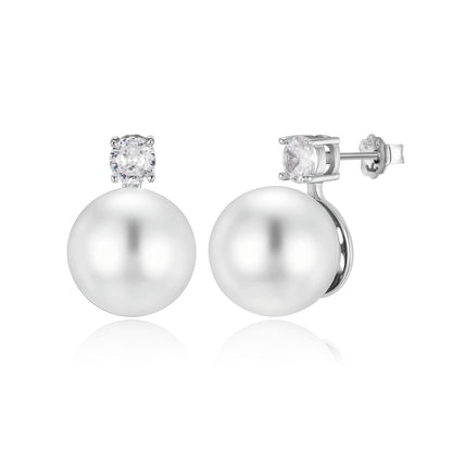 Sterling Silver 14mm Imitation Pearl With CZ Stud Earrings