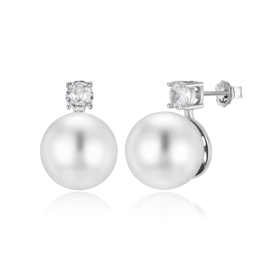 Sterling Silver 14mm Imitation Pearl With CZ Stud Earrings