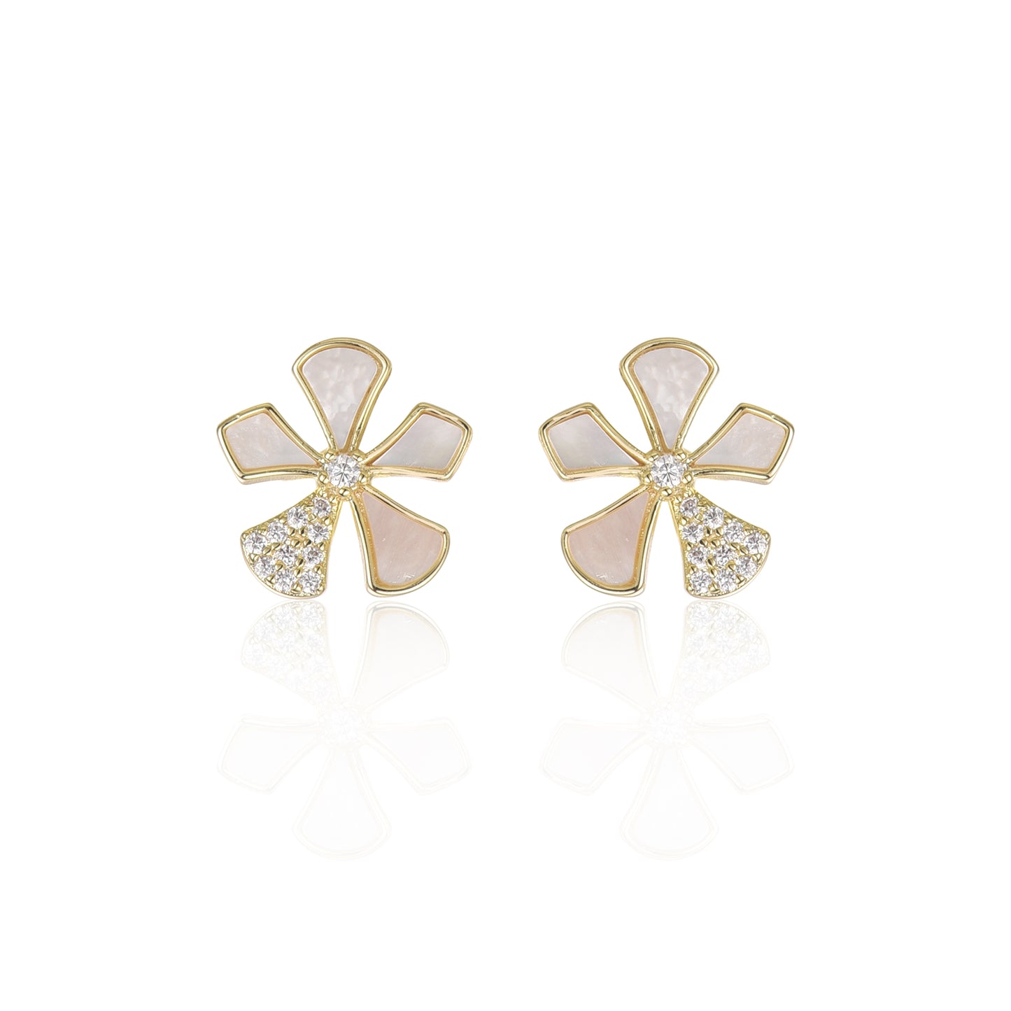 Surgical Steel Gold Plated Mother of Pearl And CZ Five Petal Flower Stud Earrings