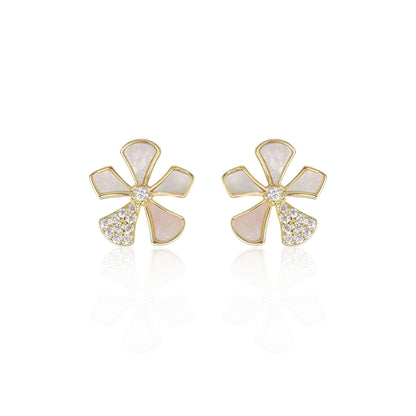 Surgical Steel Gold Plated Mother of Pearl And CZ Five Petal Flower Stud Earrings