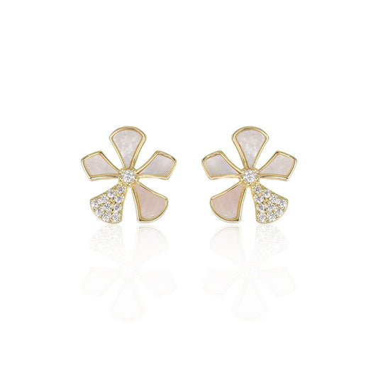 Surgical Steel Gold Plated Mother of Pearl And CZ Five Petal Flower Stud Earrings