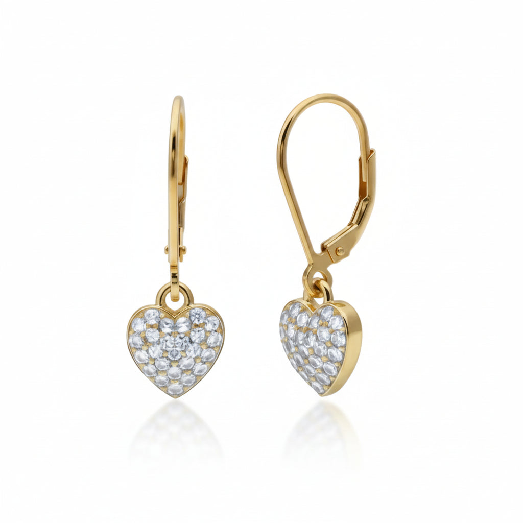 Pavé Heart Earrings - Hypoallergenic Surgical Steel Gold Plated Cubic Zirconia Leverback Earrings