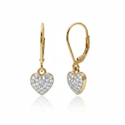 Pavé Heart Earrings - Hypoallergenic Surgical Steel Gold Plated Cubic Zirconia Leverback Earrings