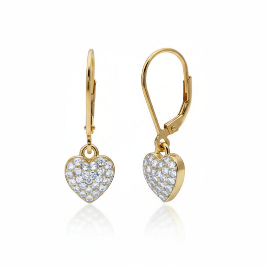 Pavé Heart Earrings - Hypoallergenic Surgical Steel Gold Plated Cubic Zirconia Leverback Earrings
