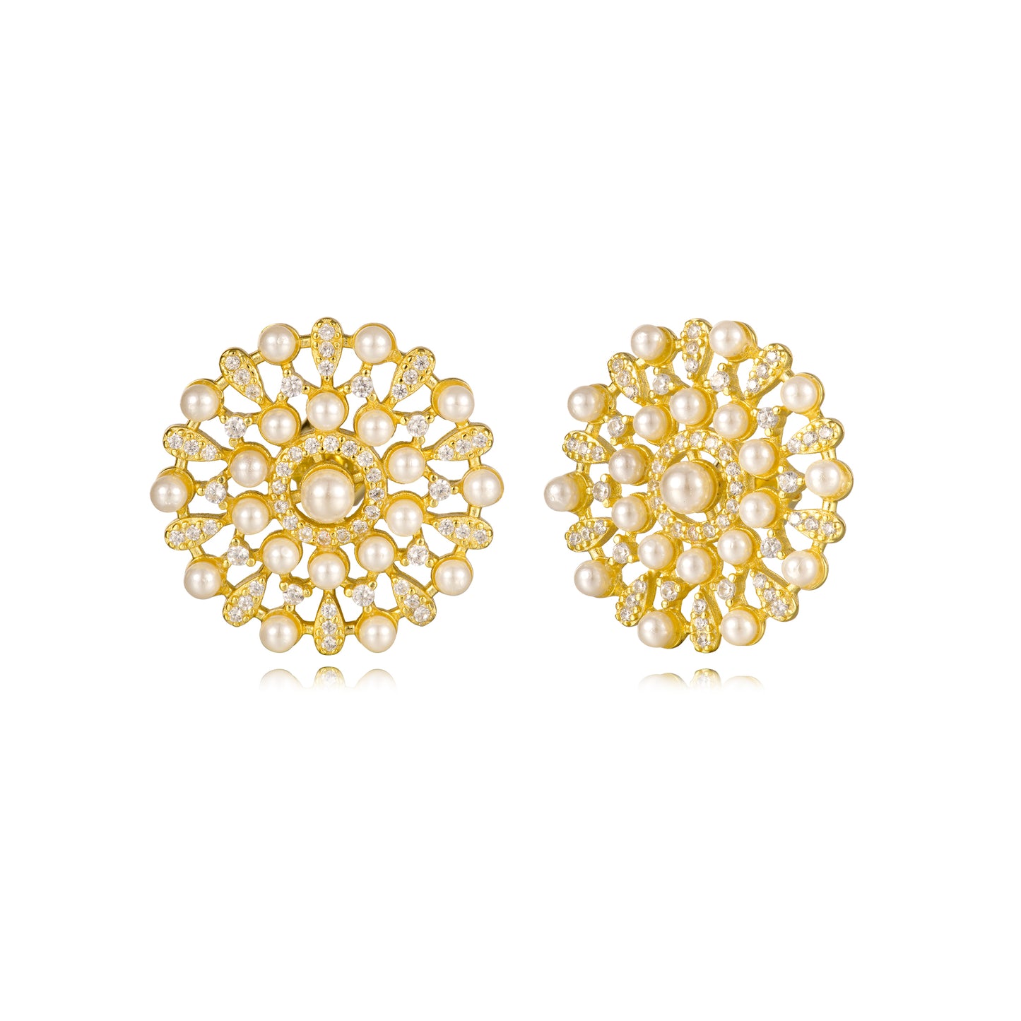 Sterling Silver Gold Plated Pearl And CZ Design Stud Earrings